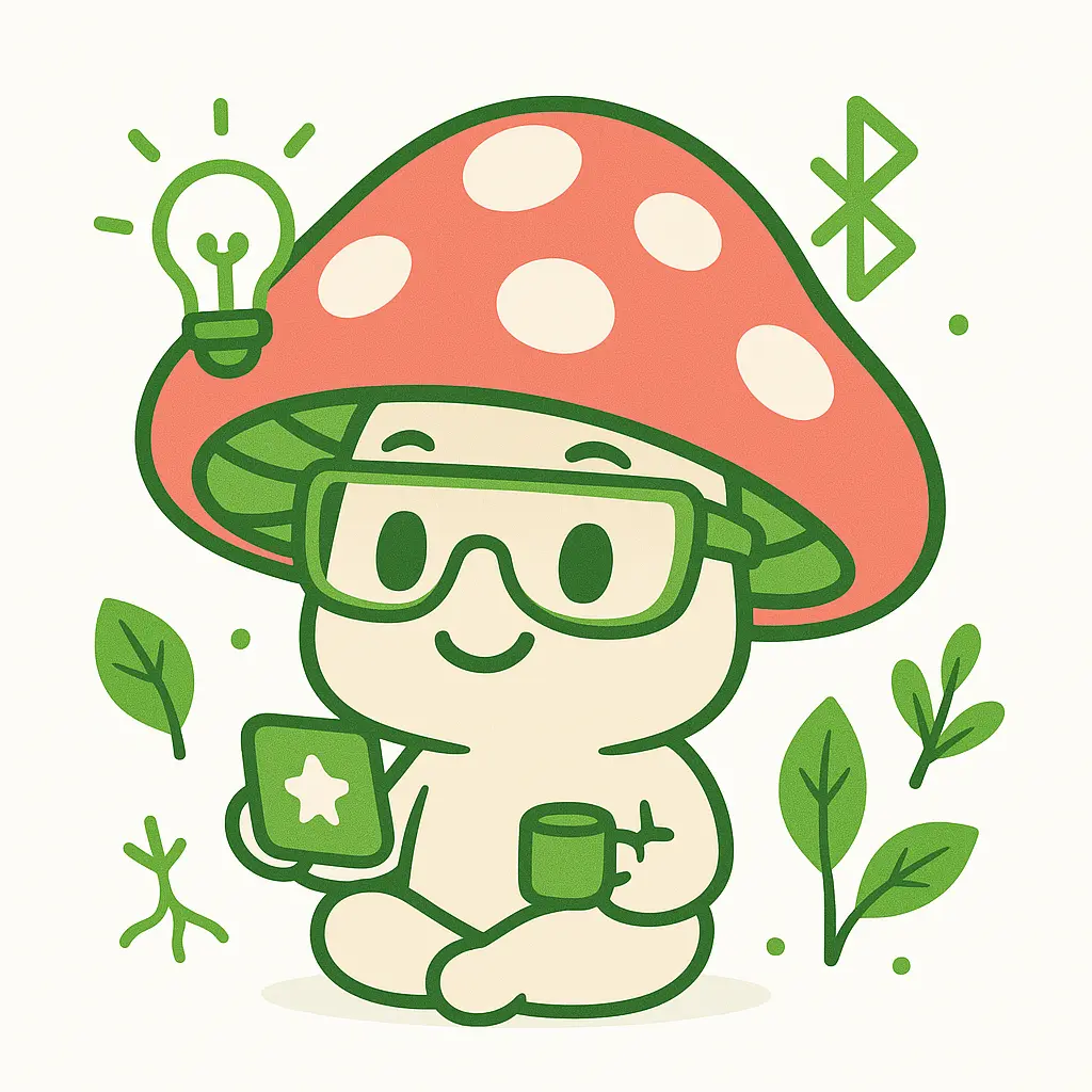 Mascotte Kinoko Web Solutions représentant un champignon humanisé avec une tablette